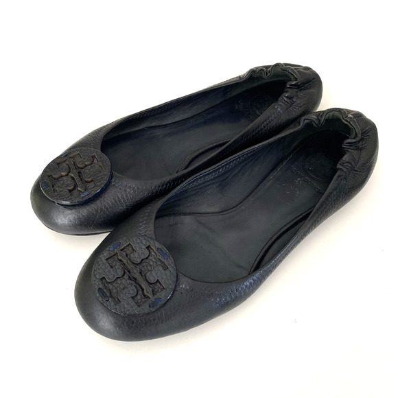 TORY BURCH Classic Minnie Ballet Flat Black Leather Logo Slip On Round Toe 7.5 - Picture 4 of 10